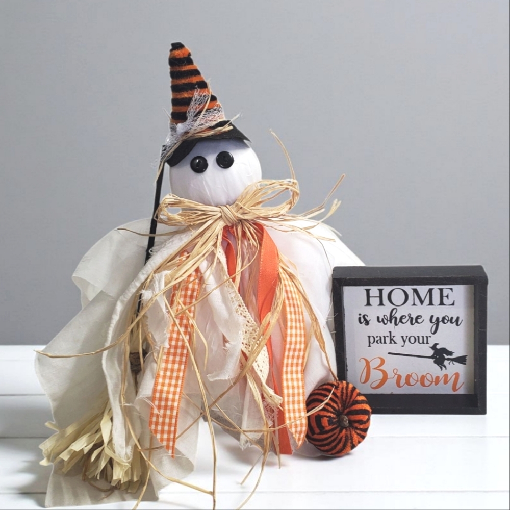 Halloween Witch Bedspring Ghost Decor With Pumpkin & Sign Homecrafted